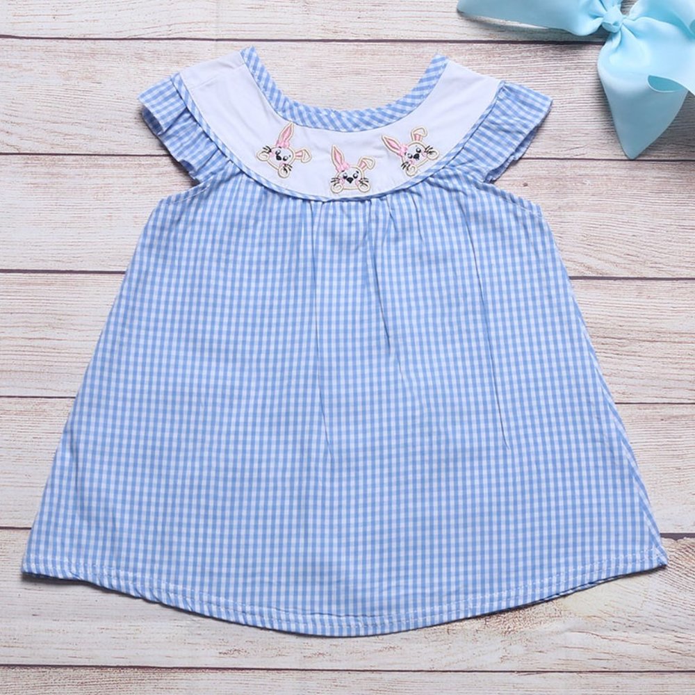 Boutique Easter Bunny Rabbit Girls Sleeveless Blue Gingham Plaid Dress